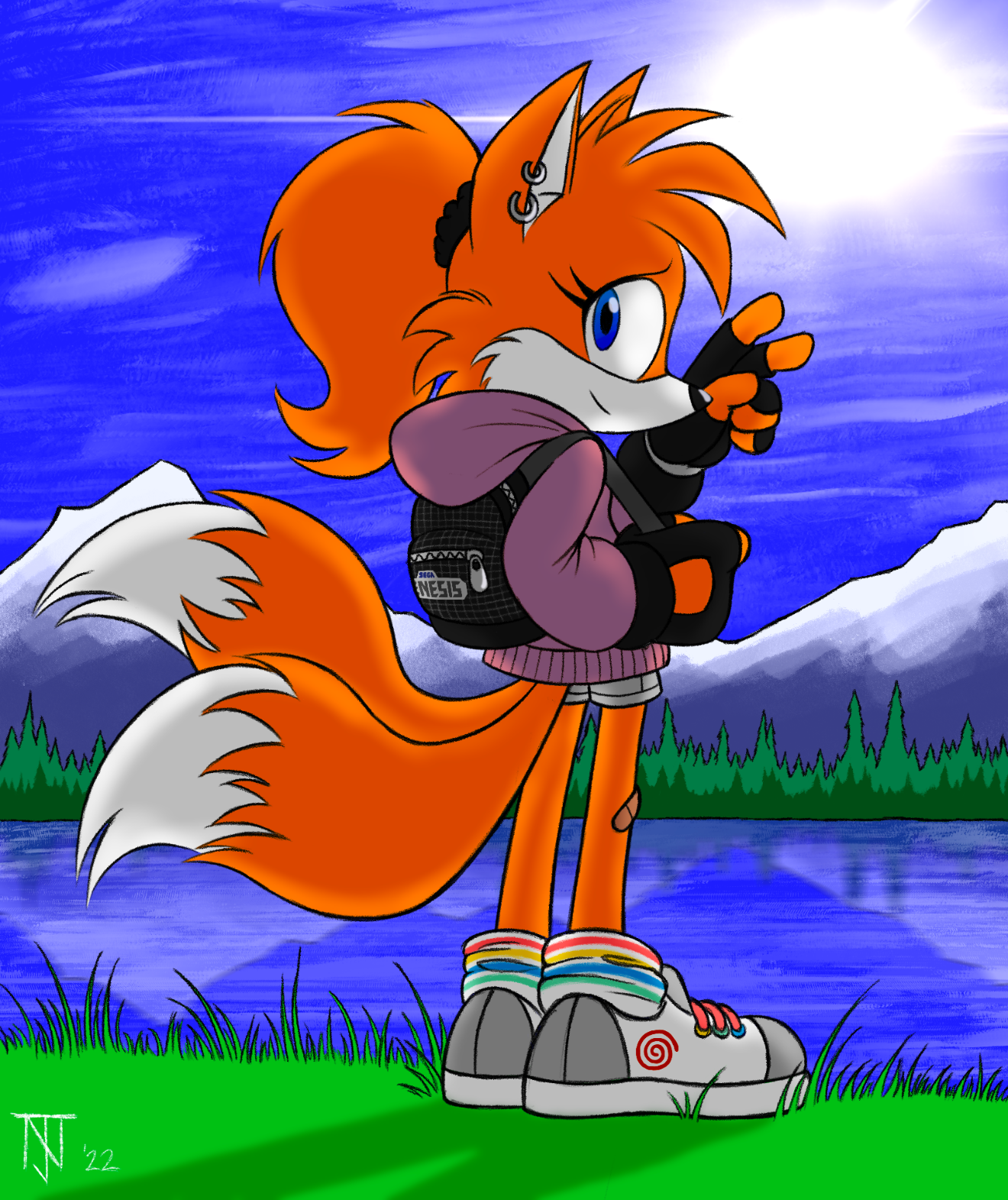 11582 - safe, artist:doodleduds, sonic the hedgehog, hedgehog, abstract  background, darkspine sonic, ear piercing, fire, male, redesign, signature,  solo, standing 